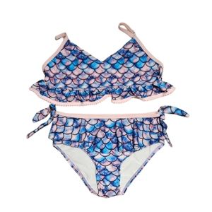 NWOT Girls 2 piece Side-tie Mermaid Bikini Size 10 Ruffles Pink Blue